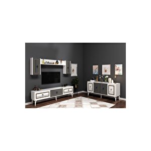 Asya 180 Cm Tv Ünitesi Ve Konsol 2'li Salon Takımı Beyaz-antrasit-ceviz Beyaz