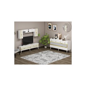 İpek 180 Cm Tv Ünitesi Ve Konsol 2'li Salon Takımı Beyaz-altın Bej