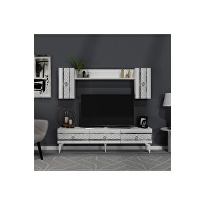 İpek 180 Cm Tv Ünitesi Ve Konsol 2'li Salon Takımı Beyaz-gümüş Beyaz