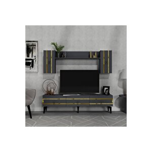 İpek 180 Cm Tv Ünitesi Ve Konsol 2'li Salon Takımı Antrasit-altın Antrasit