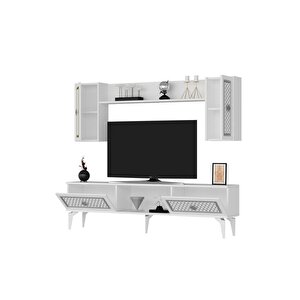 4 Kapaklı, 2 Raflı Herry Tv Ünitesi Takım Beyaz-gümüş
