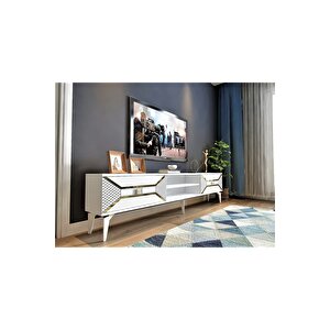 2 Raflı, 2 Kapaklı Yumedi Tv Sehpası (alt Modül) Beyaz-altın Bej