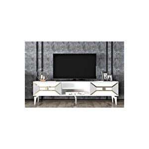 2 Raflı, 2 Kapaklı Yumedi Tv Sehpası (alt Modül) Beyaz-altın
