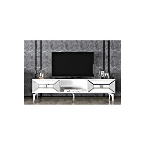 2 Raflı, 2 Kapaklı Yumedi Tv Sehpası (alt Modül) Beyaz-gümüş Beyaz