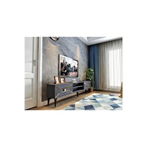 2 Raflı, 2 Kapaklı Yumedi Tv Sehpası (alt Modül) Antrasit-altın Antrasit