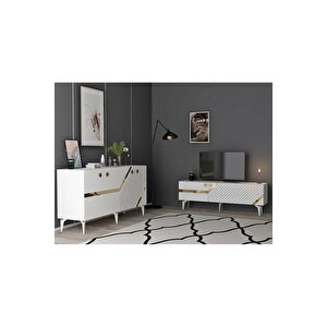 Iris Tv Sehpası Ve Konsol 2'li Salon Takımı Beyaz-altın Bej