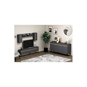 Deffne 180 Cm Tv Ünitesi Ve Konsol 2'li Salon Takımı Antrasit-altın Antrasit