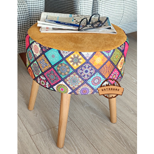 Puf Koltuk Tabure // Mandala Baskı Dallas Kumaş // Ahşap Gürgen Ayaklı
