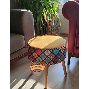 Ustaagac Puf Koltuk Tabure - Mandala Baskı Dallas Kumaş - Ahşap Gürgen Ayaklı