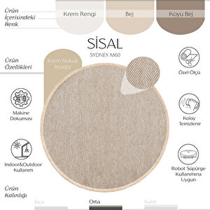 Sydney M60 Hav Toz Vermez Kolay Temizlenen Hasır Doku Balık Sırtı Ithal Yuvarlak Sisal Halı 120x120 cm