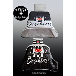 Beşiktaş Battaniye + Yatak Örtüsü + Yastık Kılıfı + Yastık 4 Parça + Hediye Ürün
