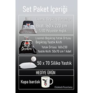 Beşiktaş Battaniye + Yatak Örtüsü + Yastık Kılıfı + Yastık 4 Parça + Hediye Ürün