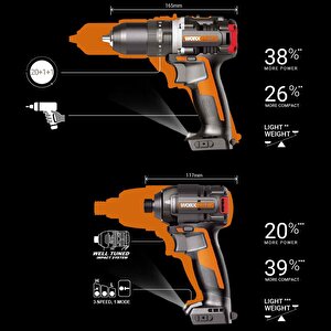 Wx925 20volt/2.0ah Li-ion Çift Akülü Kömürsüz Profesyonel Şarjlı Darbeli Matkap + Wx265 Kömürsüz Darbeli Tornavida Kombo Set