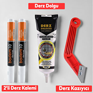 Fayans Derz Yenileme Temizleme Seti Beyaz 380 Gr Derz Dolgu + Derz Kazıyıcı + 2'li Derz Kalemi (3'lü Set)