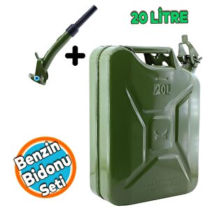 Metal Benzin Bidonu 20 Litre Akaryakıt Mazot Sıvı Taşıma Doldurma Depolama Bidonu + Aktarma Borusu