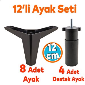 Mobilya Yükseltici Tv Ünitesi Çekyat Koltuk Kanepe Destek Ayağı 12 Cm Siyah Baza Ayak 12'li Set