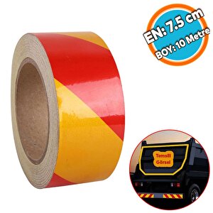 Fosforlu Reflektörlü Yapışkanlı Parlayan Sarı Kırmızı Reflektif Düz Şerit Bant 7.5 Cm 10 Mt İkaz Band
