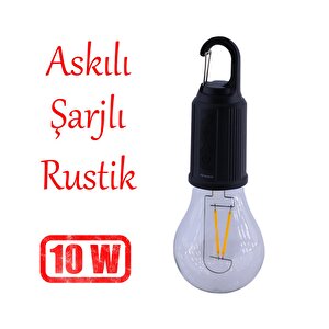 Taşınabilir Şarjlı Tasarruflu Rustik Ampul 10w Led Lamba Type-c Şarj Askılı Asma Aydınlatma
