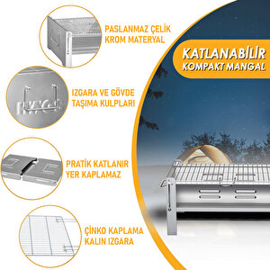 Katlanır Mangal, Paslanmaz Çelik Krom, Barbekü Kömür Mangalı, Izgaralı, Portatif Taşınabilir Pratik Mangal M/L