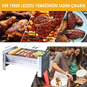 Katlanır Mangal, Paslanmaz Çelik Krom, Barbekü Kömür Mangalı, Izgaralı, Portatif Taşınabilir Pratik Mangal