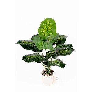 Taş Detaylı Beyaz Saksıda 12 Yapraklı 50 Cm Yapay Salon Çiçeği