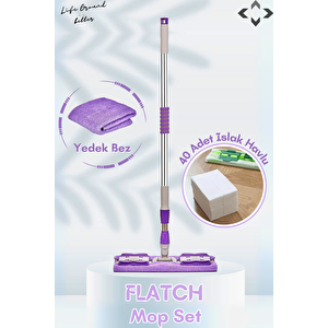 Flatch Mop Set Mandallı Çok Amaçlı Temizlik Mopu 1 Adet Yedek Bez Ve 40 Adet Islak Havlu Mor - Yeşi̇l