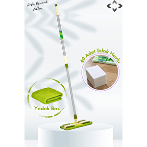 Flatch Mop Set Mandallı Çok Amaçlı Temizlik Mopu 1 Adet Yedek Bez Ve 40 Adet Islak Havlu Mor - Yeşi̇l