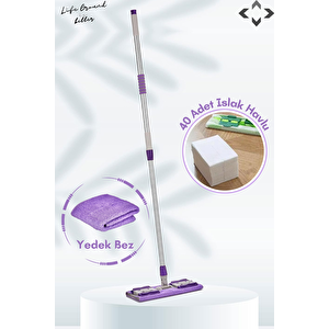Flatch Mop Set Mandallı Çok Amaçlı Temizlik Mopu 1 Adet Yedek Bez Ve 40 Adet Islak Havlu Mor - Yeşi̇l