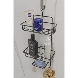 Düzenleyici Raf 2 Katlı Siyah Askılı Kancalı Sabunluklu Duş Rafı Organizer Sb563-b