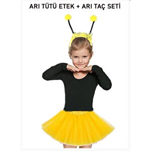 Gösteriler İçin Sarı Arı Tütü Etek Ve Sarı Ponponlu Arı Taç Seti