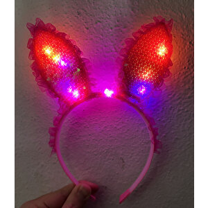 Samur Parti Parti Aksesuar & Kostüm Kenarları Dantelli Fuşya Pullu Payetli Led Işıklı Tavşan Kulak Taç 23x19 Cm