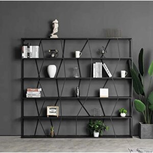 Colossalis Büyük Şık 5 Katlı Metal Ayaklı Dekoratif Ahşap Tablalı Kitaplık Siyah Montajsız Raf