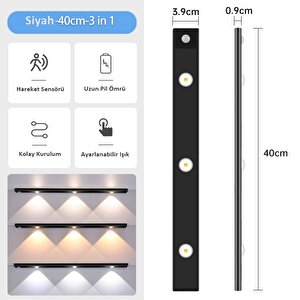 Sensörlü Şarjlı 3 Farklı Işık Renkli Dimmerli 40cm Siyah Cata Bella Ultra Slim Kabin Led Tezgah Altı Raf Altı Led Aydınlatma