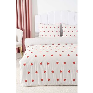 Kırmızı Kalpli Tek Kişilik Nevresim Takımı Pamuklu