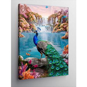 Kanvas Tablo Orman Şelale Manzarası Ve Tavus Kuşu 50x70 cm
