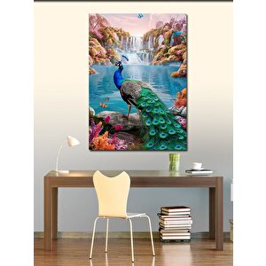 Kanvas Tablo Orman Şelale Manzarası Ve Tavus Kuşu 50x70 cm