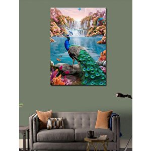 Kanvas Tablo Orman Şelale Manzarası Ve Tavus Kuşu 50x70 cm