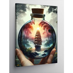 Kanvas Tablo Cam Fanusun İçinde Yelkenli Gemi Ve Orman 50x70 cm