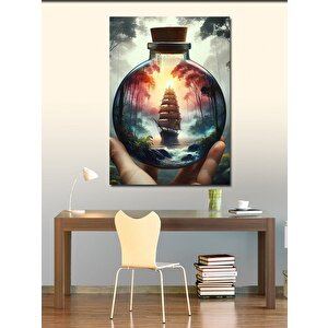 Kanvas Tablo Cam Fanusun İçinde Yelkenli Gemi Ve Orman 100x140 cm