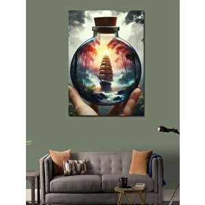Kanvas Tablo Cam Fanusun İçinde Yelkenli Gemi Ve Orman 100x140 cm