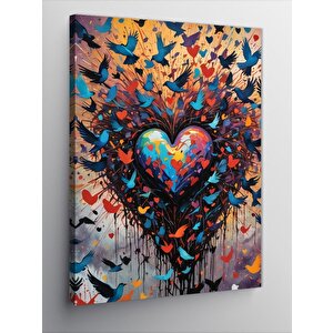 Kanvas Tablo Renkli Kalp Ve Kuşlar 70x100 cm