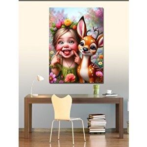 Kanvas Tablo Sevimli Kız Çocuğu Ve Ceylan 70x100 cm
