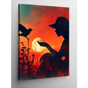 Kanvas Tablo Gün Batımındaki Kadın Ve Kuş 50x70 cm