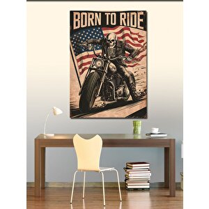 Kanvas Tablo Born To Ride İskelet Motorcu 100x140 cm