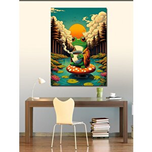 Kanvas Tablo Mantar Üzerindeki Kahve İçen Kurbağa 50x70 cm