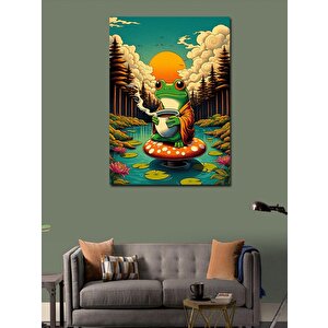 Kanvas Tablo Mantar Üzerindeki Kahve İçen Kurbağa 50x70 cm