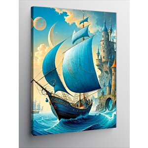 Kanvas Tablo Mavi Yelkenli Gemi Ve Şato 50x70 cm
