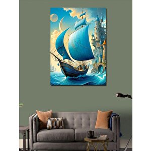 Kanvas Tablo Mavi Yelkenli Gemi Ve Şato 50x70 cm