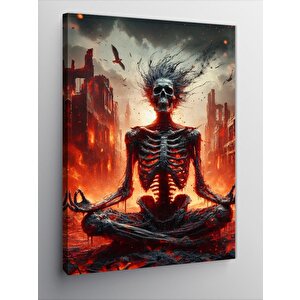 Kanvas Tablo Yanan Şehir Ve Yoga Yapan İskelet 50x70 cm
