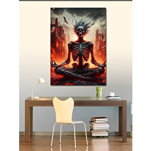 Kanvas Tablo Yanan Şehir Ve Yoga Yapan İskelet 50x70 cm